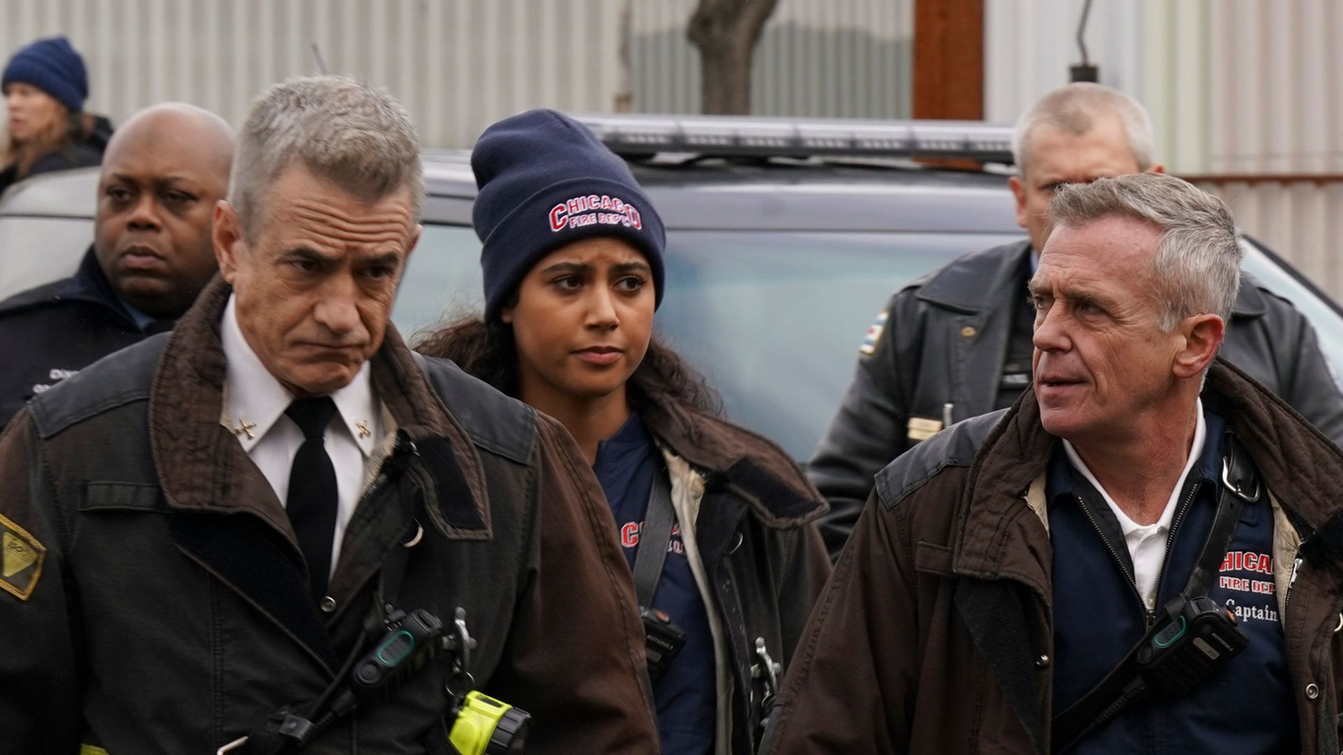 Dermot Mulroney as Chief Dom Pascal, David Eigenberg as Christopher Herrmann, Katelynn Shennett as Kylie Estevez on Chicago Fire season 13