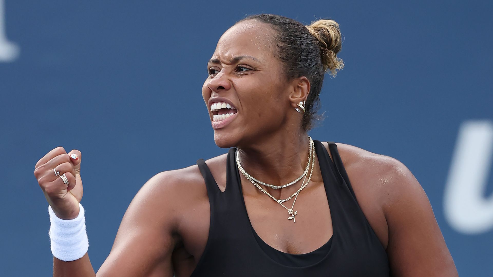 Taylor Townsend celebrates winning match point against Jelena Ostapenko of Latvia at the 2025 US Open