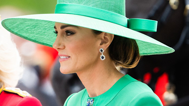 Side profile of Kate Middleton in green dress at Trooping the Colour 2023