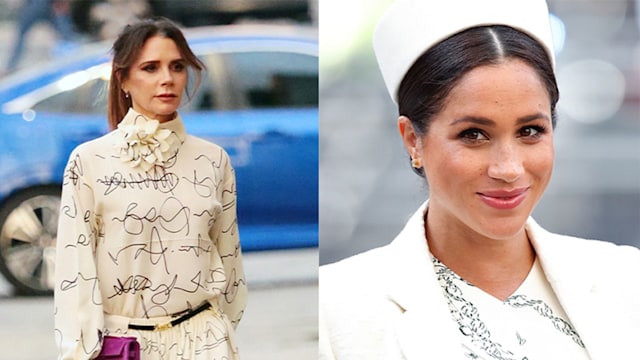 Victoria Beckham and Meghan Markle wearing similar white outfits