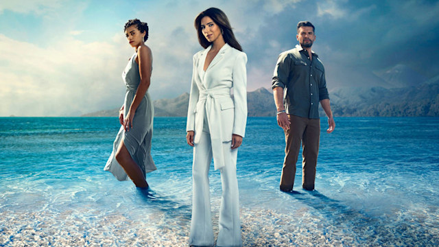 Fantasy Island season two poster. Kiara Barnes, Roselyn Sanchez and John G. Rodriquez are in character. 