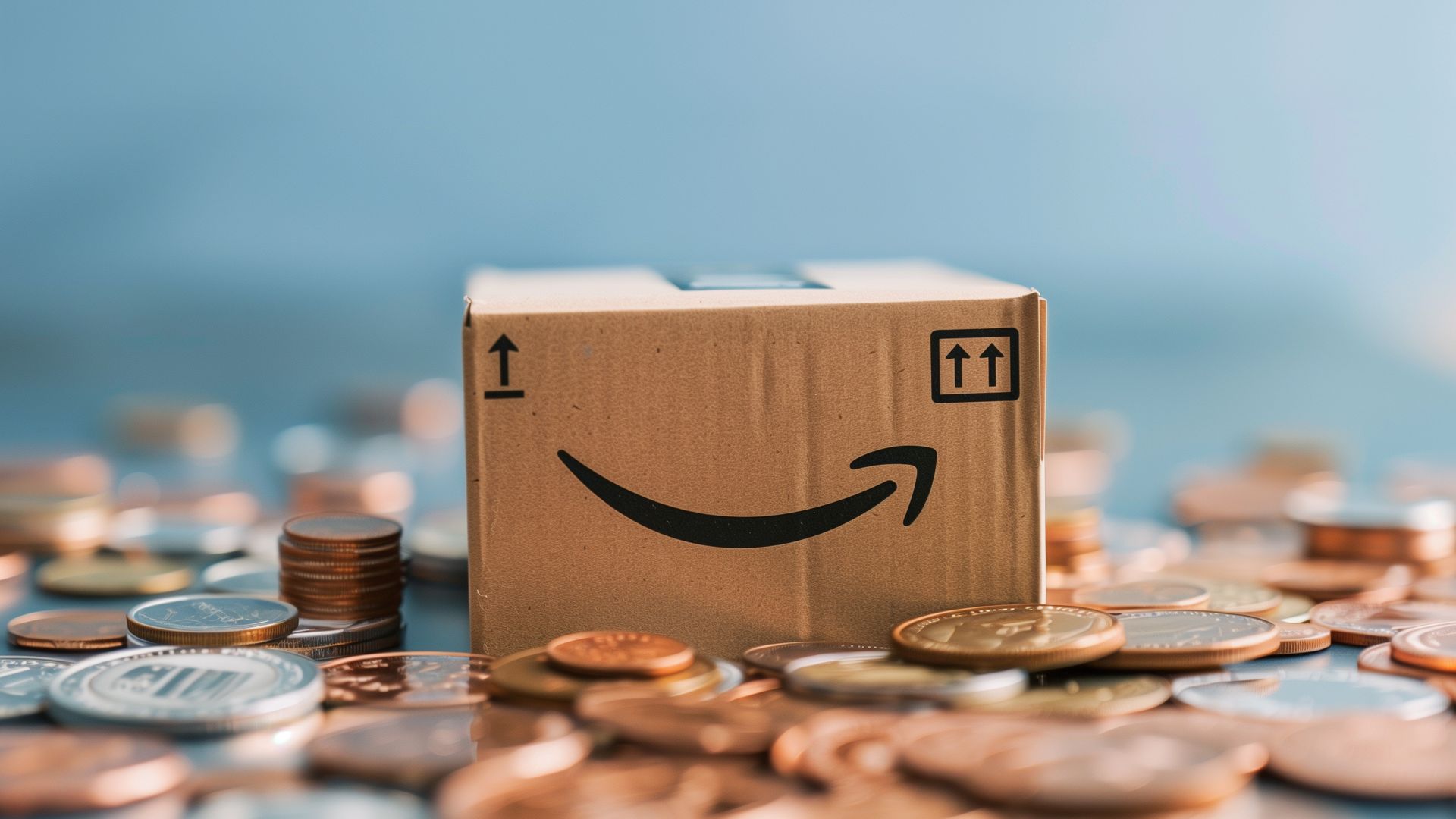 Amazon box surrounded by coins