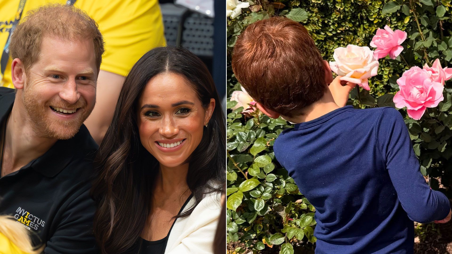 Prince Archie picking flowers beside photo of harry and meghan smiling