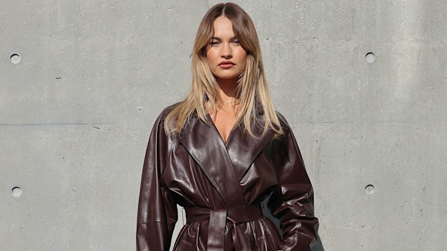 lily james in brown trench coat