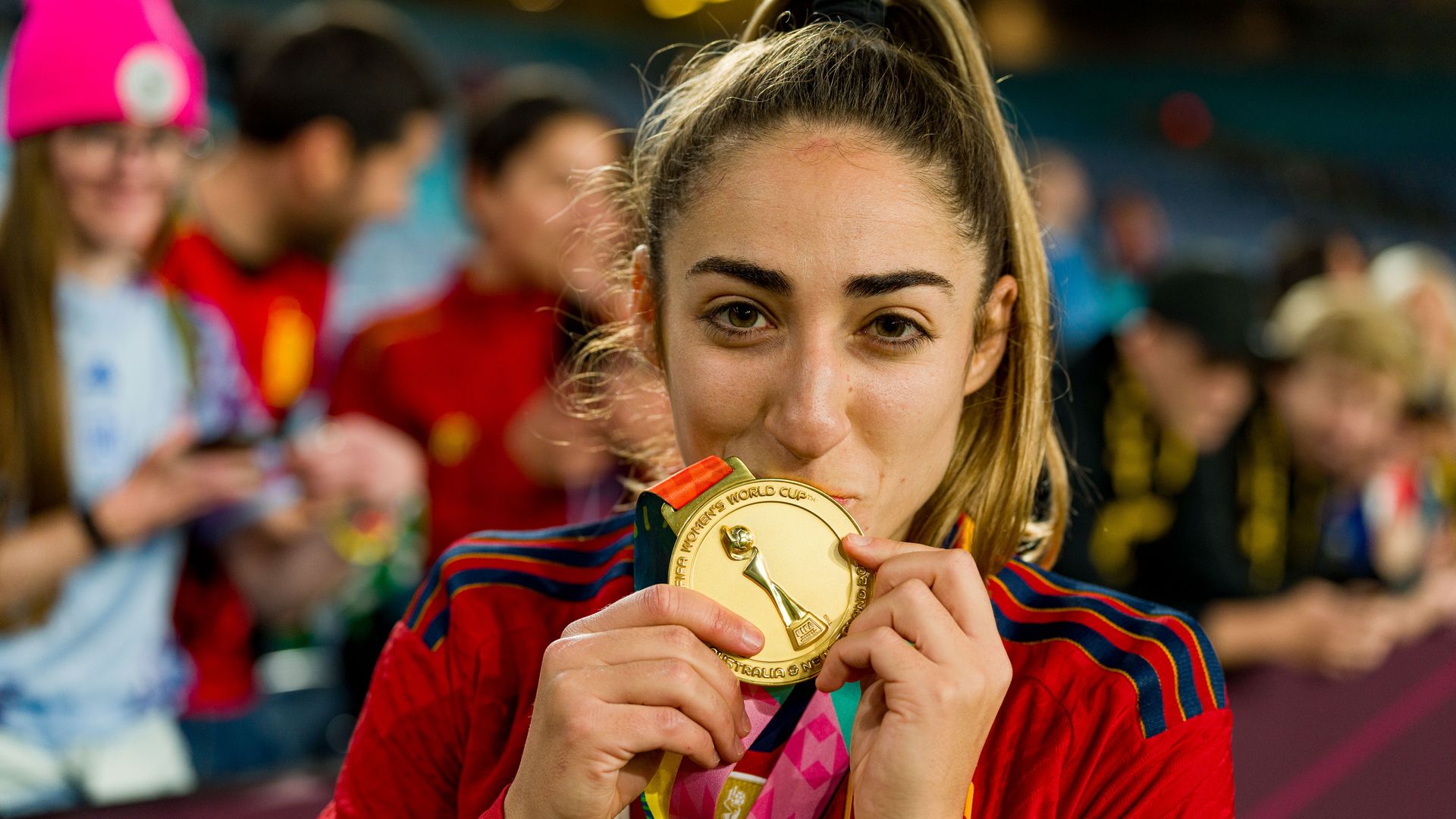 Olga Carmona of Spain kisses the First Place Medal after her team's victory in the FIFA Women's World Cup Australia & New Zealand 2023 Final match