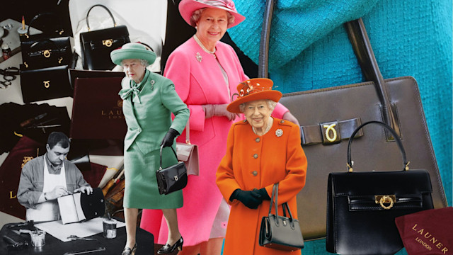 Queen Elizabeth II in various outfits, each paired with her iconic Launer handbag