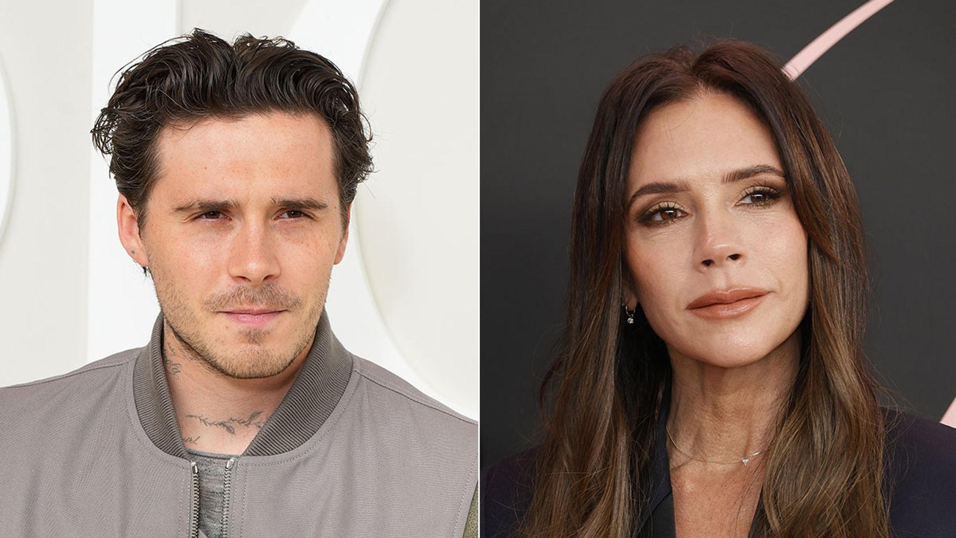 split image showing brooklyn beckham and victoria beckham posing 