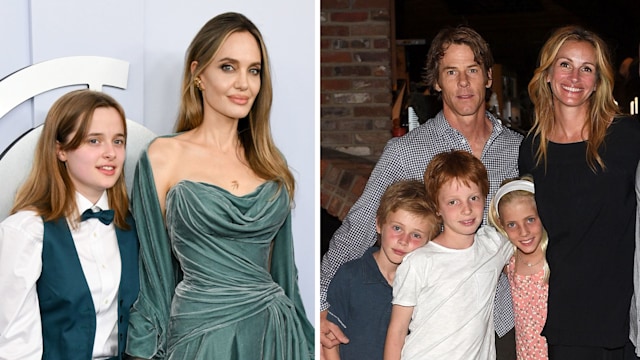 Split image of Angelina Jolie with her daughter Vivienne (left) and Julia Roberts with her husband Danny Moder and their three kids (right)