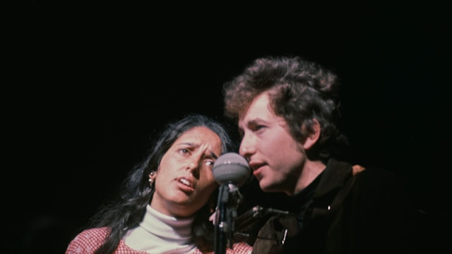 Joan Baez and Bob Dylan performing at the Newport Folk Festival at Freebody Park on Rhode Island, USA, 23rd-26th July 1964.