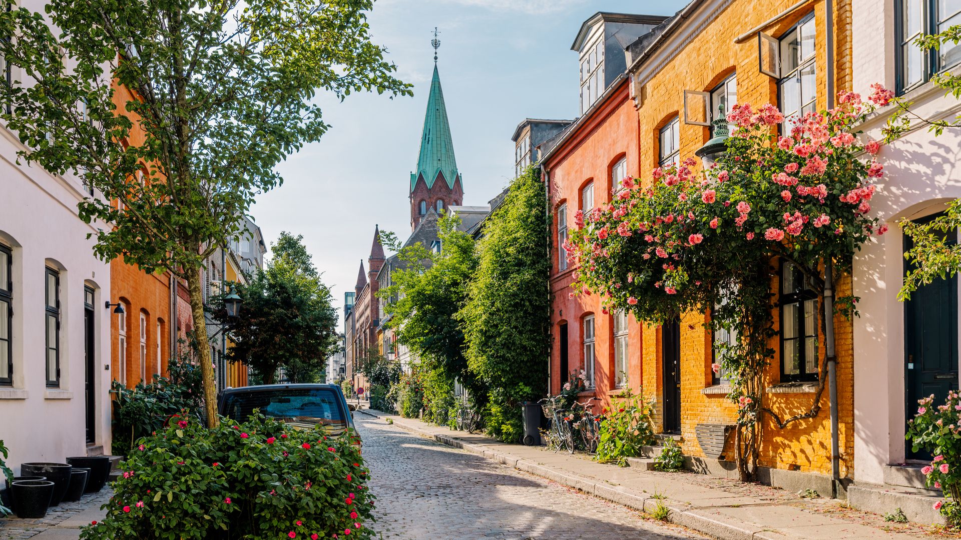 Charming street with residential houses and blooming flowers in Copenhagen, Denmark