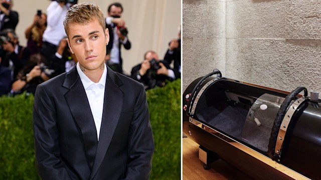 split screen of Justin Bieber and the oxygen chamber at the Bvlgari Hotel London