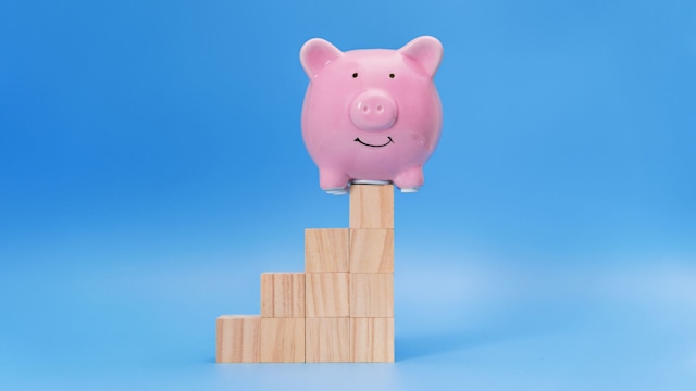 Piggy Bank on Top of Wooden Block Steps