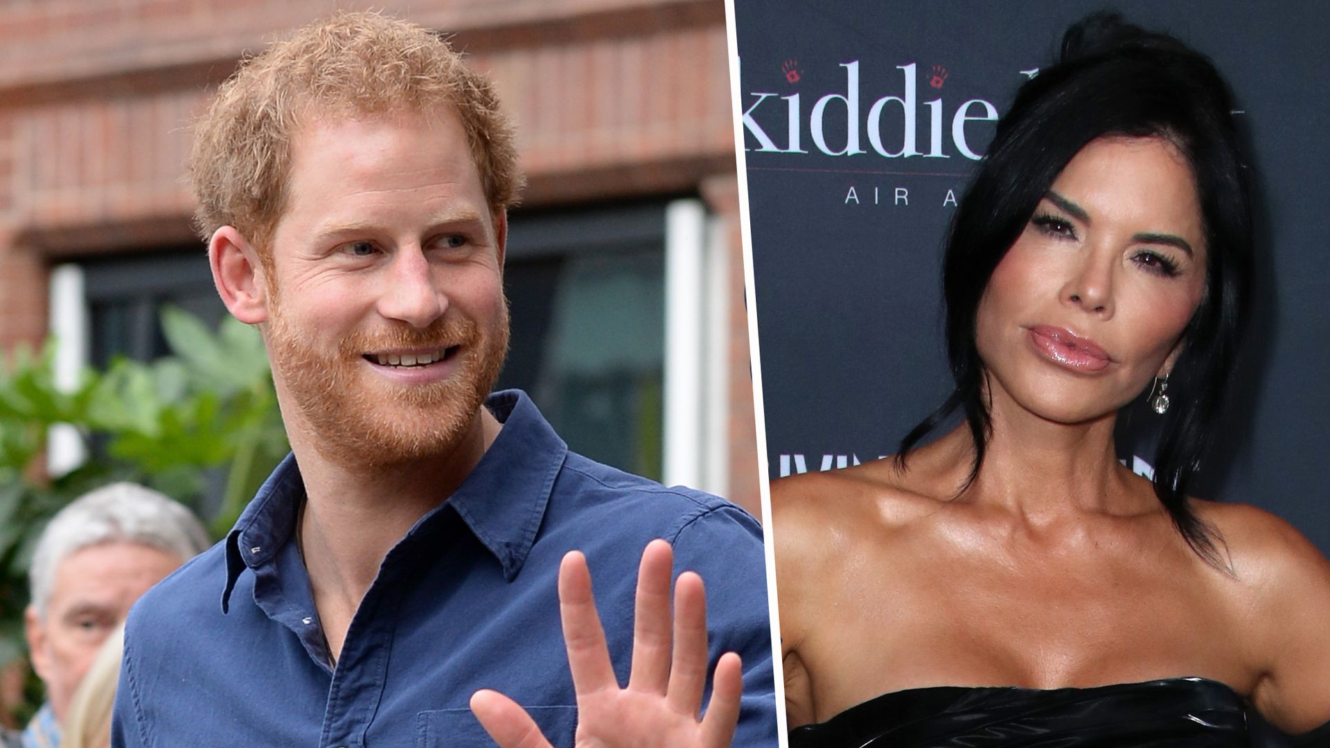Prince Harry pictured waving comped next to picture of Lauren Sanchez on red carpet