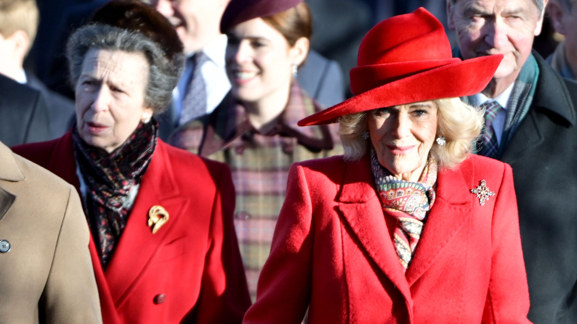 : King Charles III, Princess Anne, Princess Royal, Princess Eugenie of York and Queen Camilla attend the Christmas Morning Service at Sandringham Church on December 25