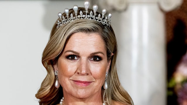 Queen Maxima of the Netherlands during the state banquet for French President Emmanuel Macron and his wife Brigitte Macron at the Royal Palace 