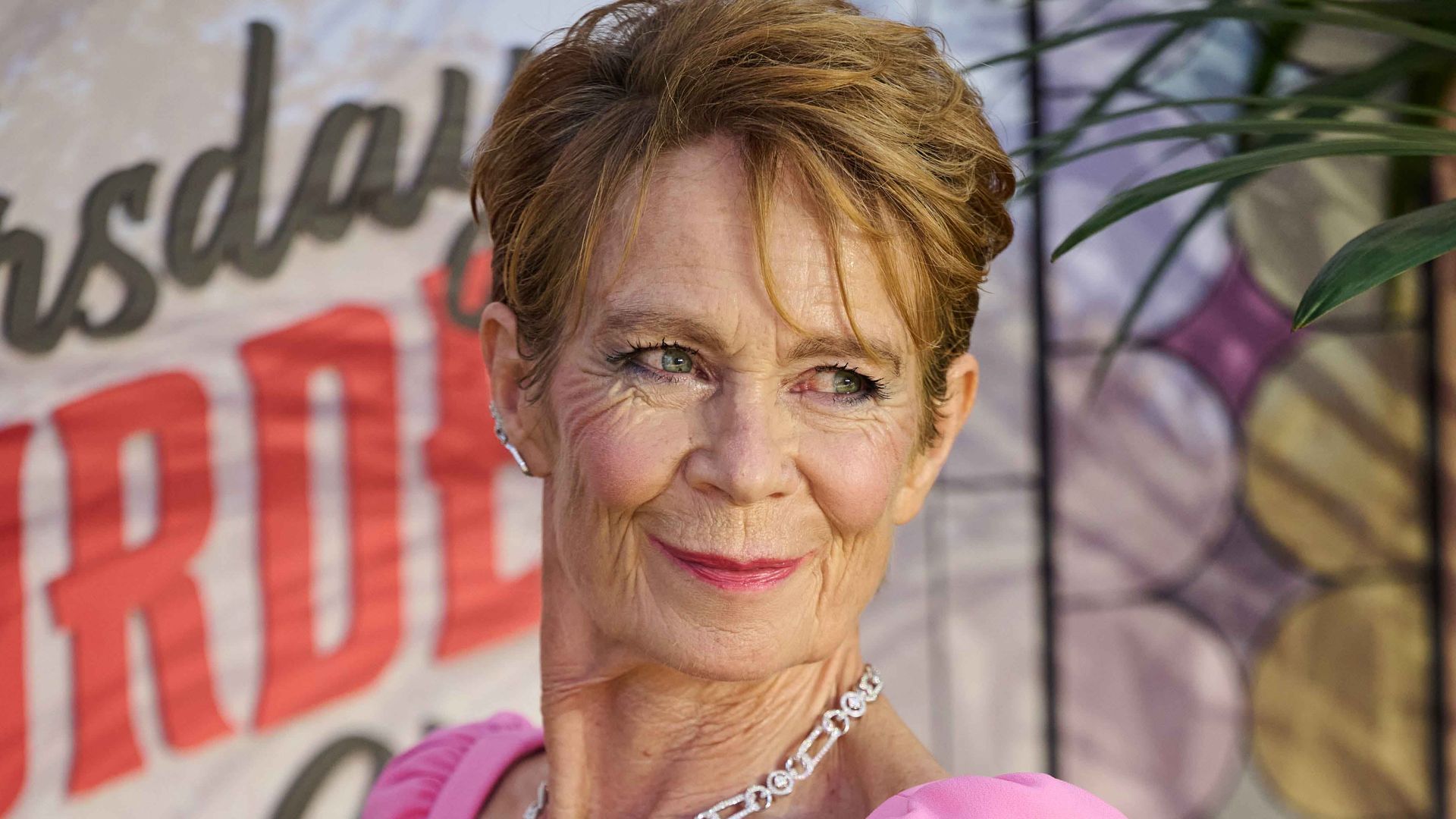 Celia Imrie in pink dress