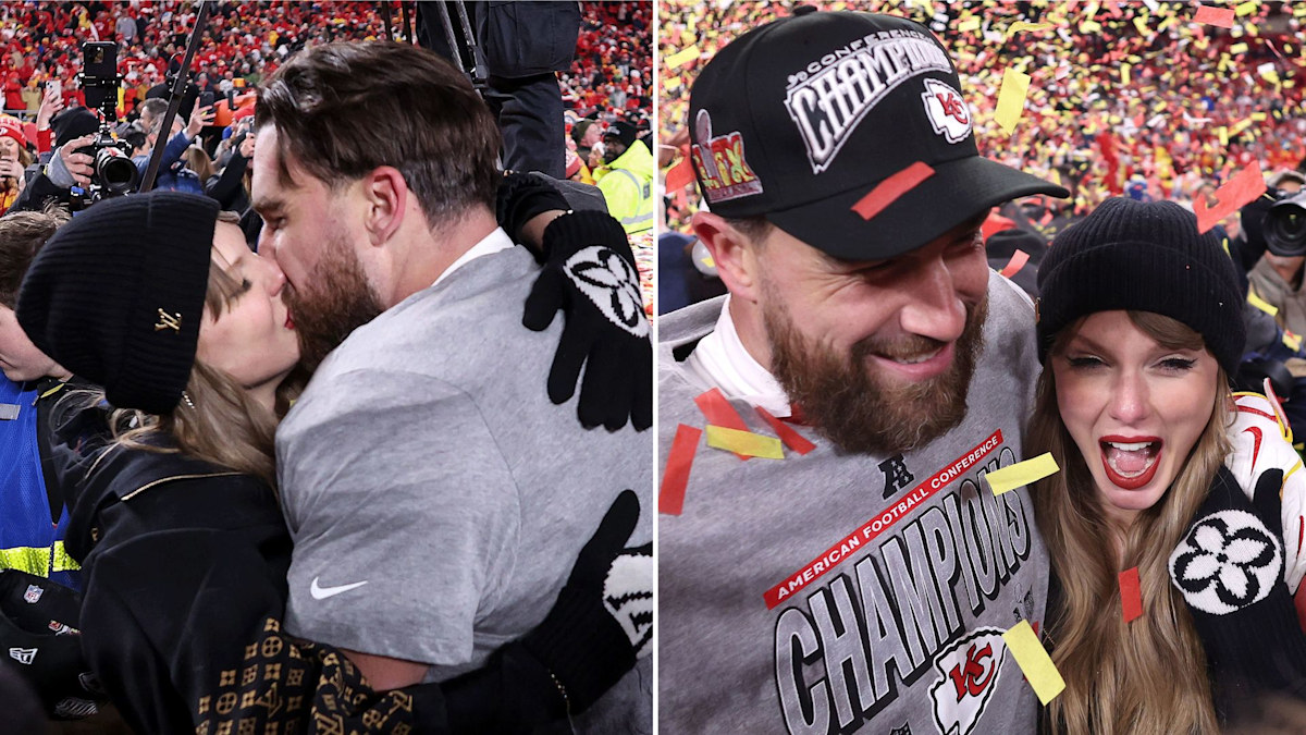 Tearful Taylor Swift and NFL beau Travis Kelce passionately kiss after Chiefs reach the Super Bowl