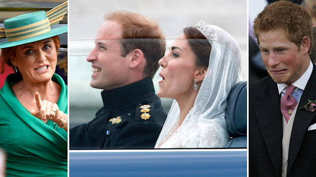 Sarah Ferguson, Princess Kate and Prince Harry pulling faces at royal weddings