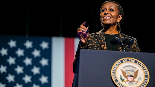 Former first lady Michelle Obama speaks ahead of the arrival of Democratic presidential nominee, U.S. Vice President Kamala Harris during a campaign rally at the Wings Event Center on October 26, 2024 in Kalamazoo, Michigan.