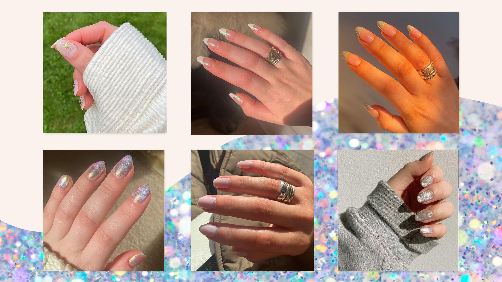 six photos of glittery nails