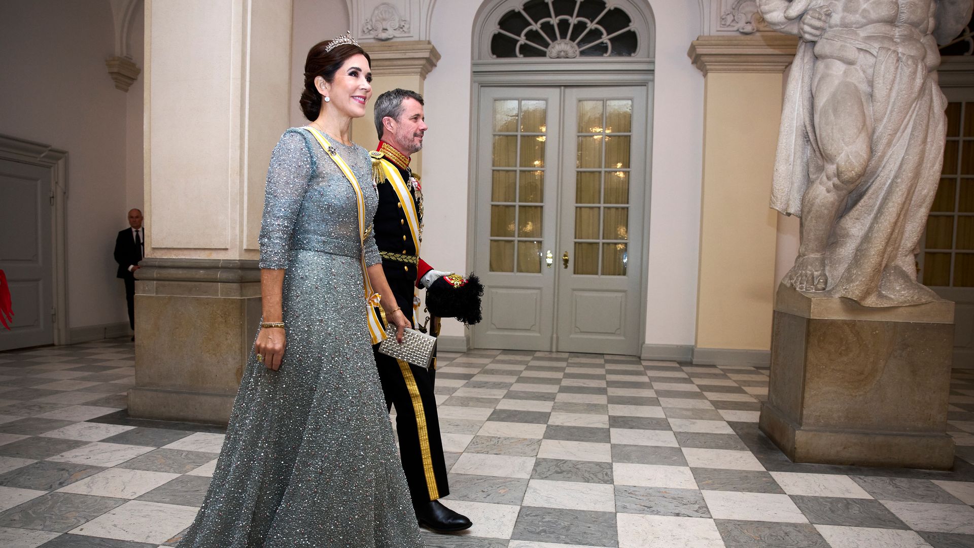 Crown Princess Mary opted for a blue beaded dress by Lasse Spangenberg