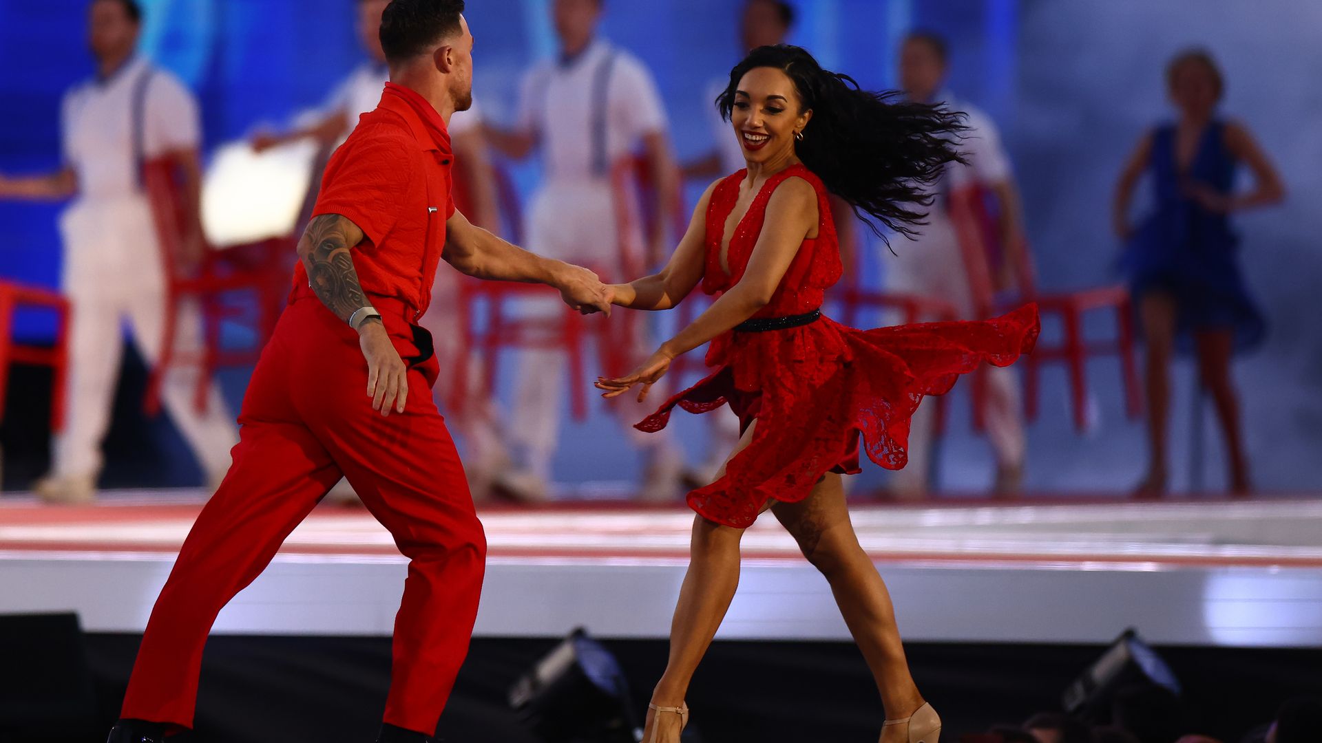 Kai Widdrington and Michelle Tsiakkas dancing at a VE Day concert