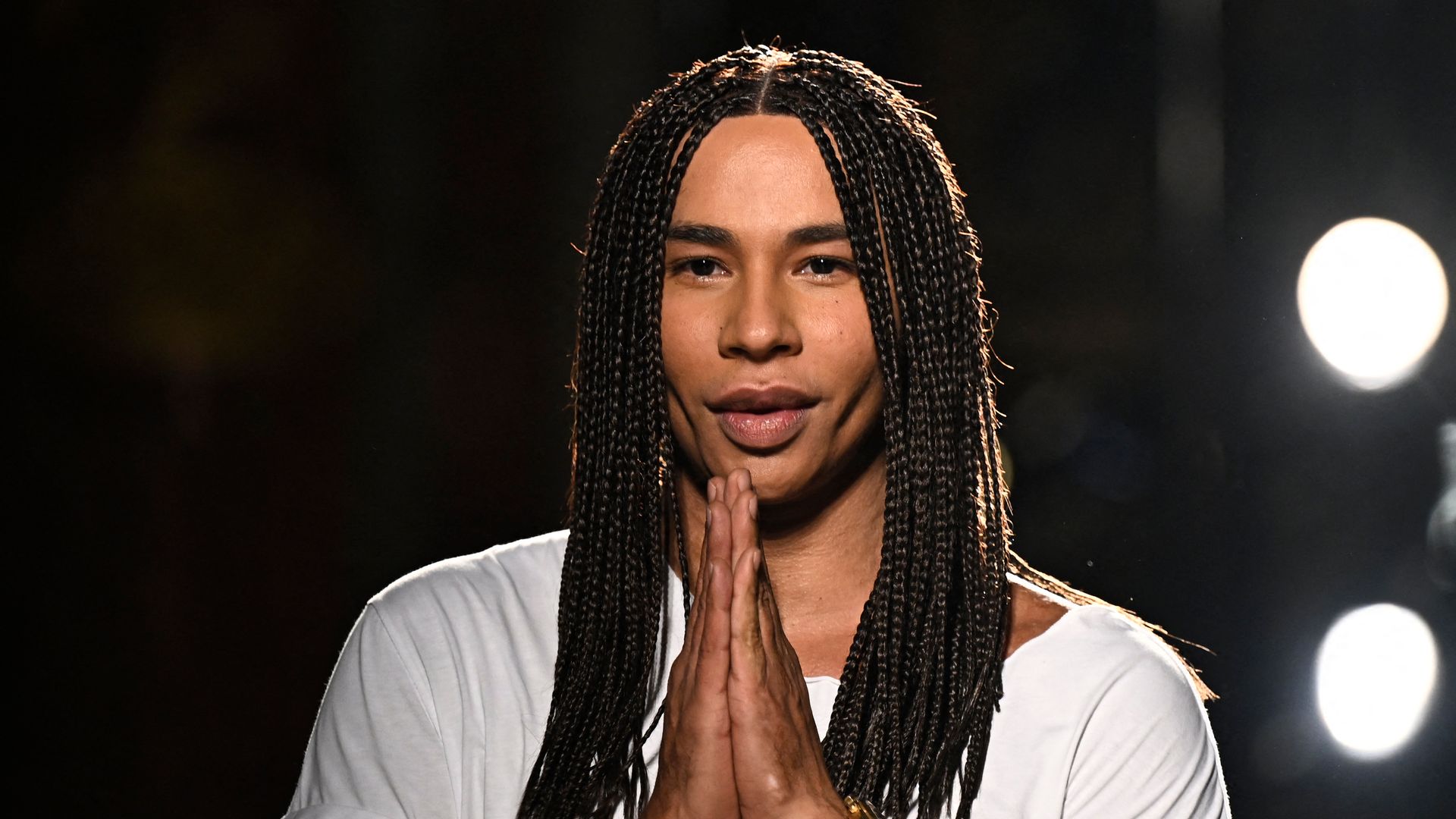 French fashion designer Olivier Rousteing acknowledges the audience at the end of Balmain'ss fashion show for the Women Ready-to-wear Spring-Summer 2026 collection as part of the Paris Fashion Week, in Paris on October 1, 2025