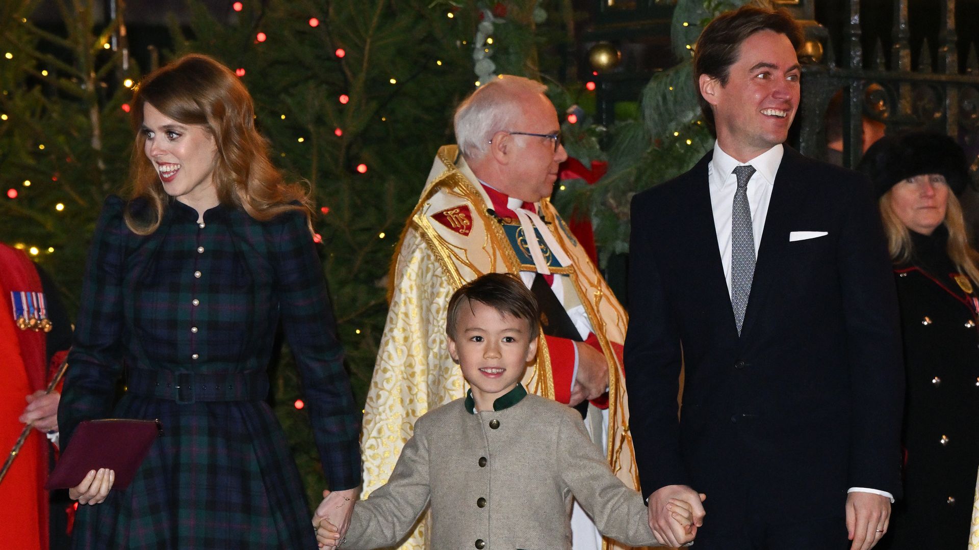 Princess Beatrice, Christopher Woolf and Edoardo Mapelli Mozzi attend The "Together At Christmas" Carol Service at Westminster Abbey on December 08, 2023 in London, England