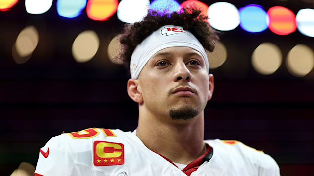 Patrick Mahomes #15 of the Kansas City Chiefs stands for the national anthem before Super Bowl LIX against the Philadelphia Eagles at Caesars Superdome on February 9, 2025 in New Orleans, Louisiana.