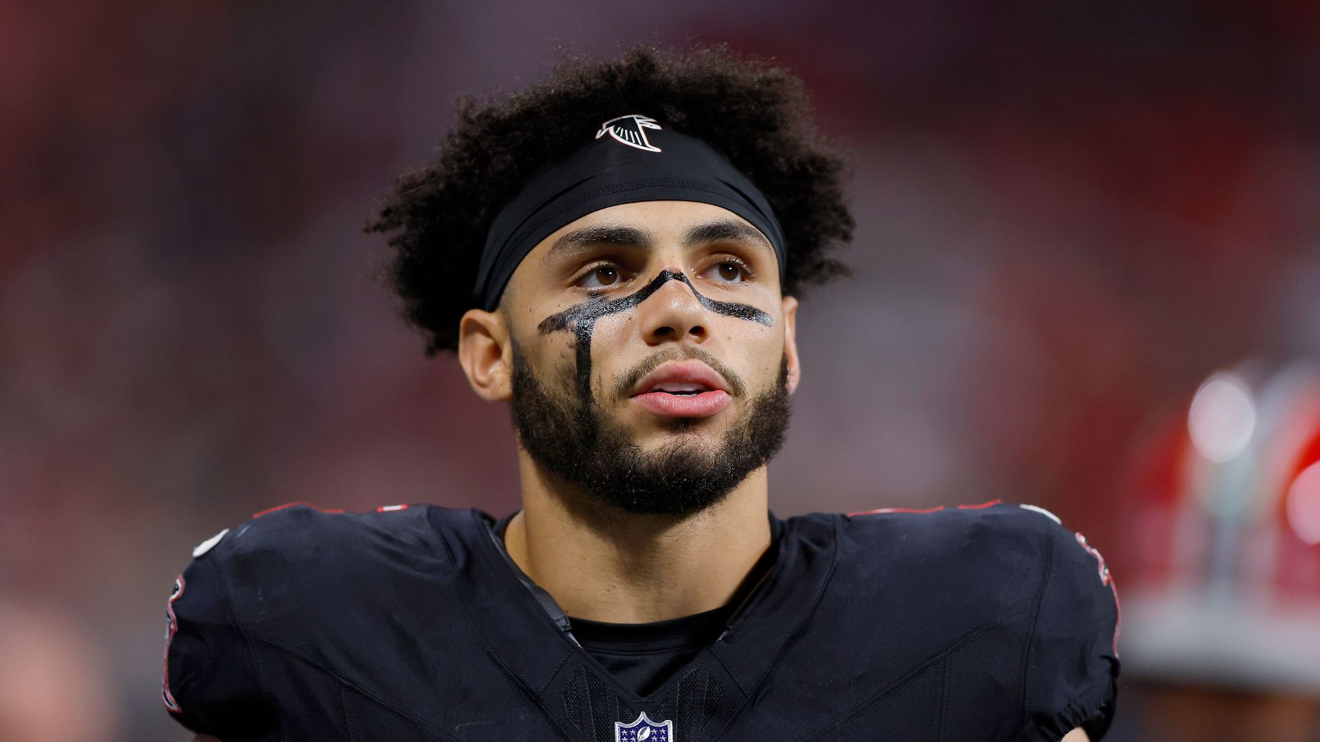 Drake London #5 of the Atlanta Falcons looks on against the Tampa Bay Buccaneers during the first quarter at Mercedes-Benz Stadium on October 03, 2024 in Atlanta, Georgia