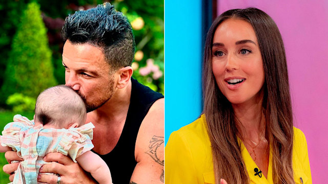 split image of man holding baby and woman on chat show in yellow dress