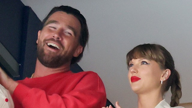 Travis Kelce, left, and Taylor Swift react as the Edmonton Oilers and the Florida Panthers play during the first period in Game Four of the 2025 Stanley Cup Final at Amerant Bank Arena on June 12, 2025 in Sunrise, Florida