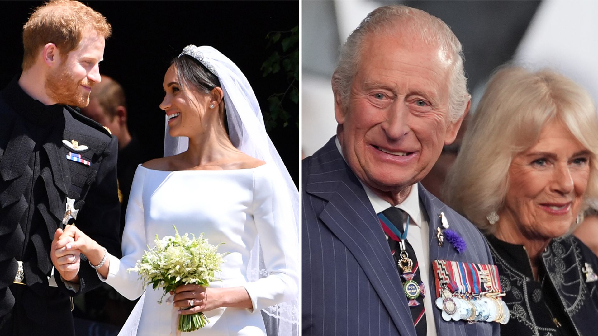 A split image of Charles and Camilla and Harry and Meghan on their wedding day