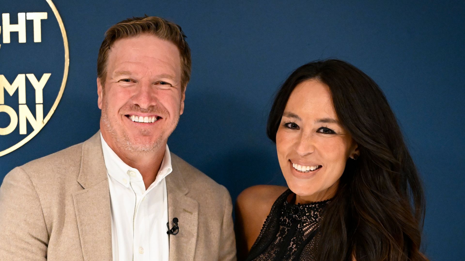 TV personalities Chip Gaines and Joanna Gaines pose together backstage on Tuesday, February 14, 2023 -- (Photo by: Todd Owyoung/NBC via Getty Images)
