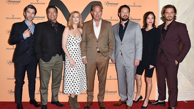 (L-R) Wes Bentley, Gil Birmingham, Kelly Reilly, Kevin Costner, Cole Hauser, Kelsey Asbille and Luke Grimes 