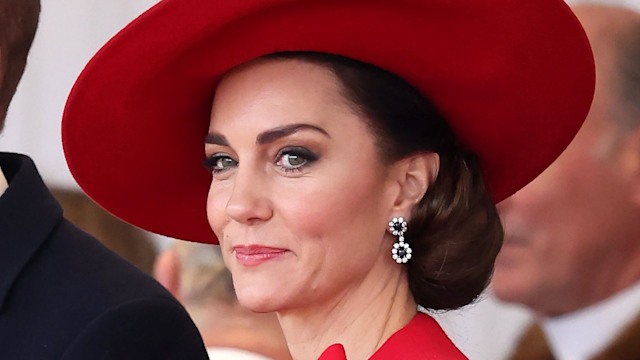 Kate Middleton attends a ceremonial welcome for The President and the First Lady of the Republic of Korea at Horse Guards Parade on November 21, 2023 