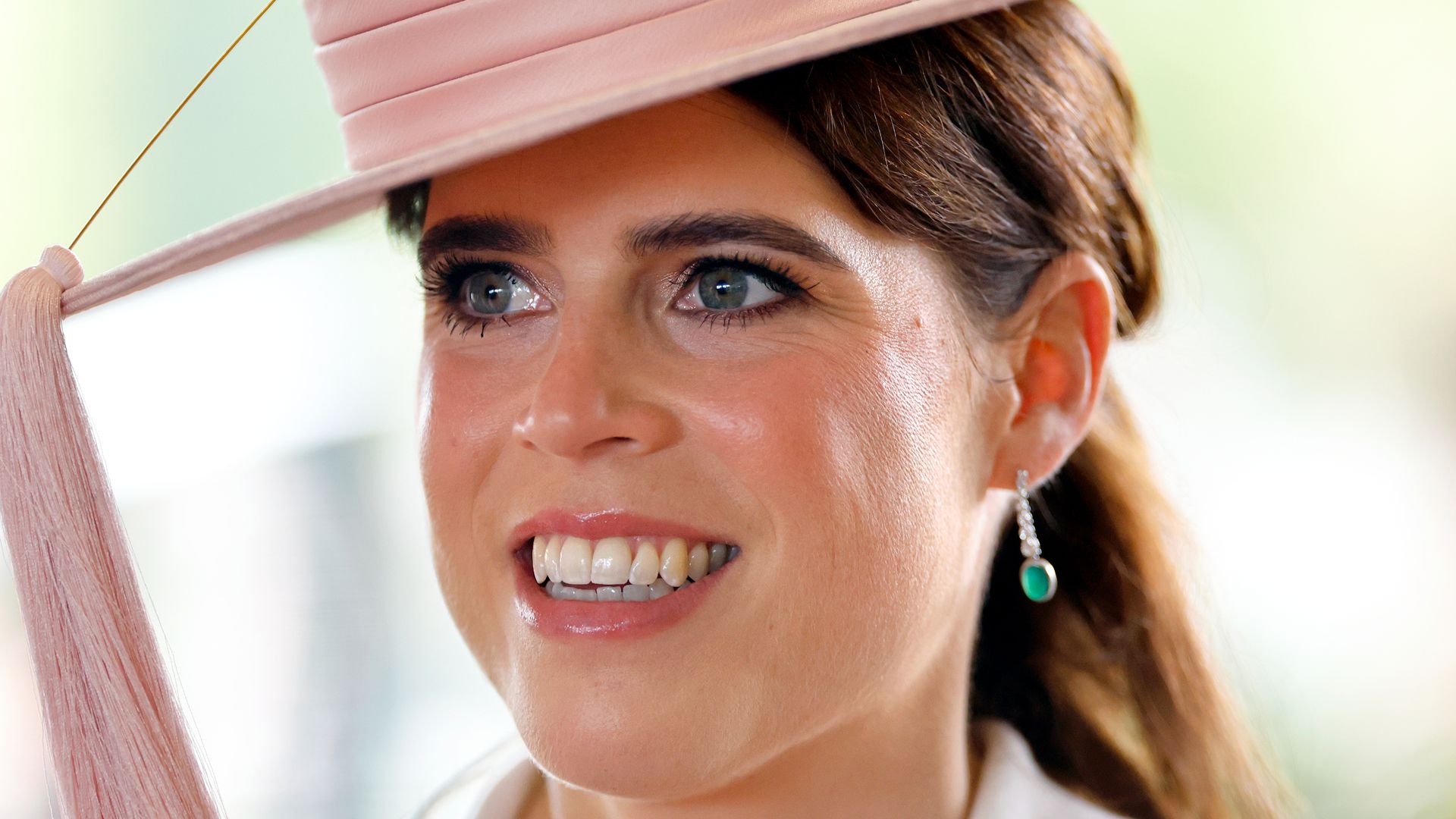 princess eugenie in white ribbed dress and pink hat 