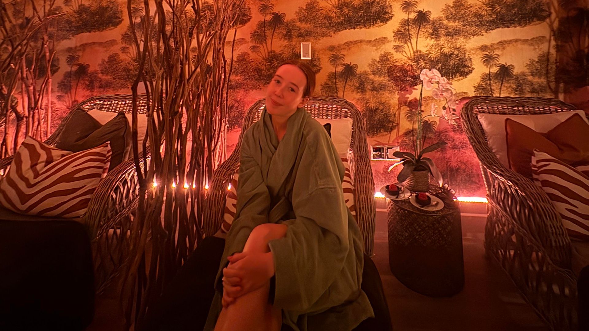 Me posing in my spa chair in my robe