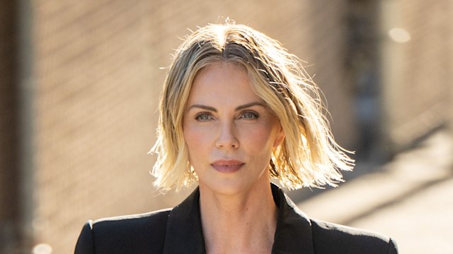 Charlize Theron is seen at "Jimmy Kimmel Live" on May 08, 2025 in Los Angeles, California