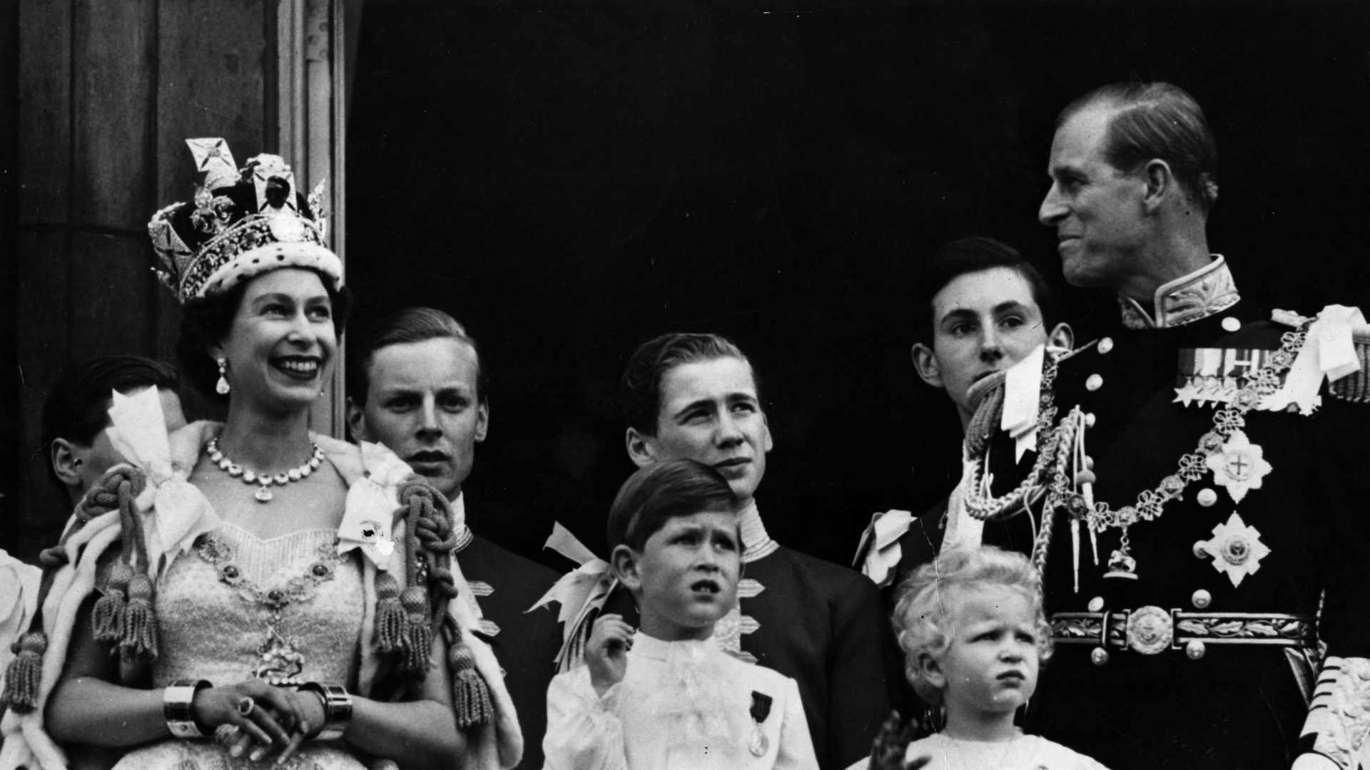 The Queen with King Charles, Princess Anne and Prince Philip on her coronation day