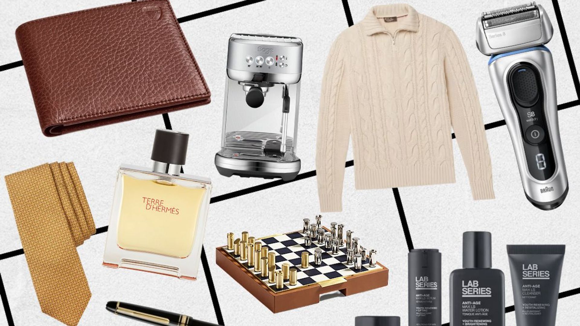 Father's Day gifts including a cream knitted jumper, a shaver, a chess set, a fragrance, a tie, a wallet.