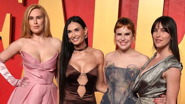 Rumer Willis, Demi Moore, Tallulah Willis, and Scout Willis arrives at the 2024 Vanity Fair Oscar Party Hosted By Radhika Jones at Wallis Annenberg Center for the Performing Arts on March 10, 2024 in Beverly Hills, California.