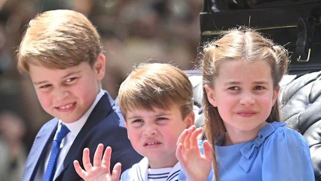 Prince George of Cambridge, Prince Louis of Cambridge and Princess Charlotte of Cambridge ride in a carriage during Trooping The Colour