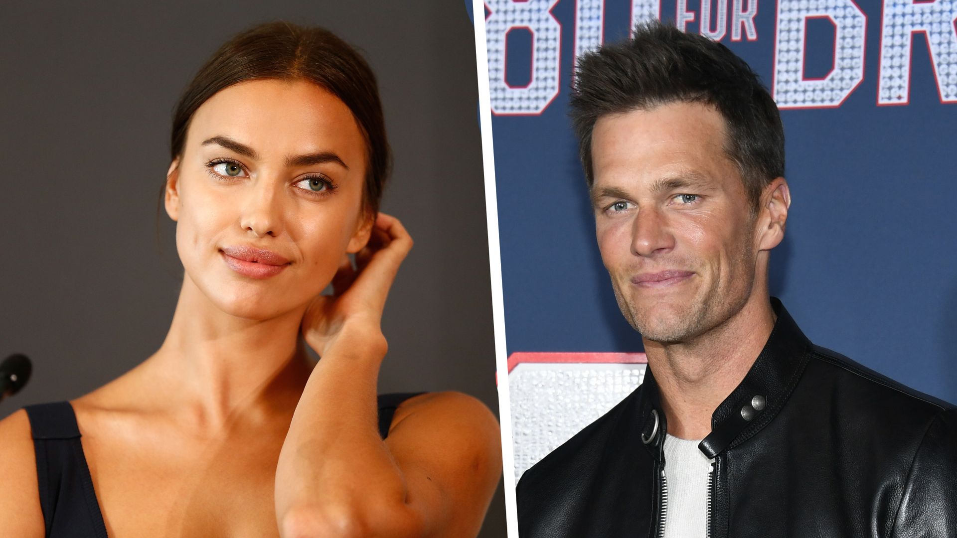 Irina Shayk looks out from press conference, picture is paired with picture of Tom Brady on red carpet