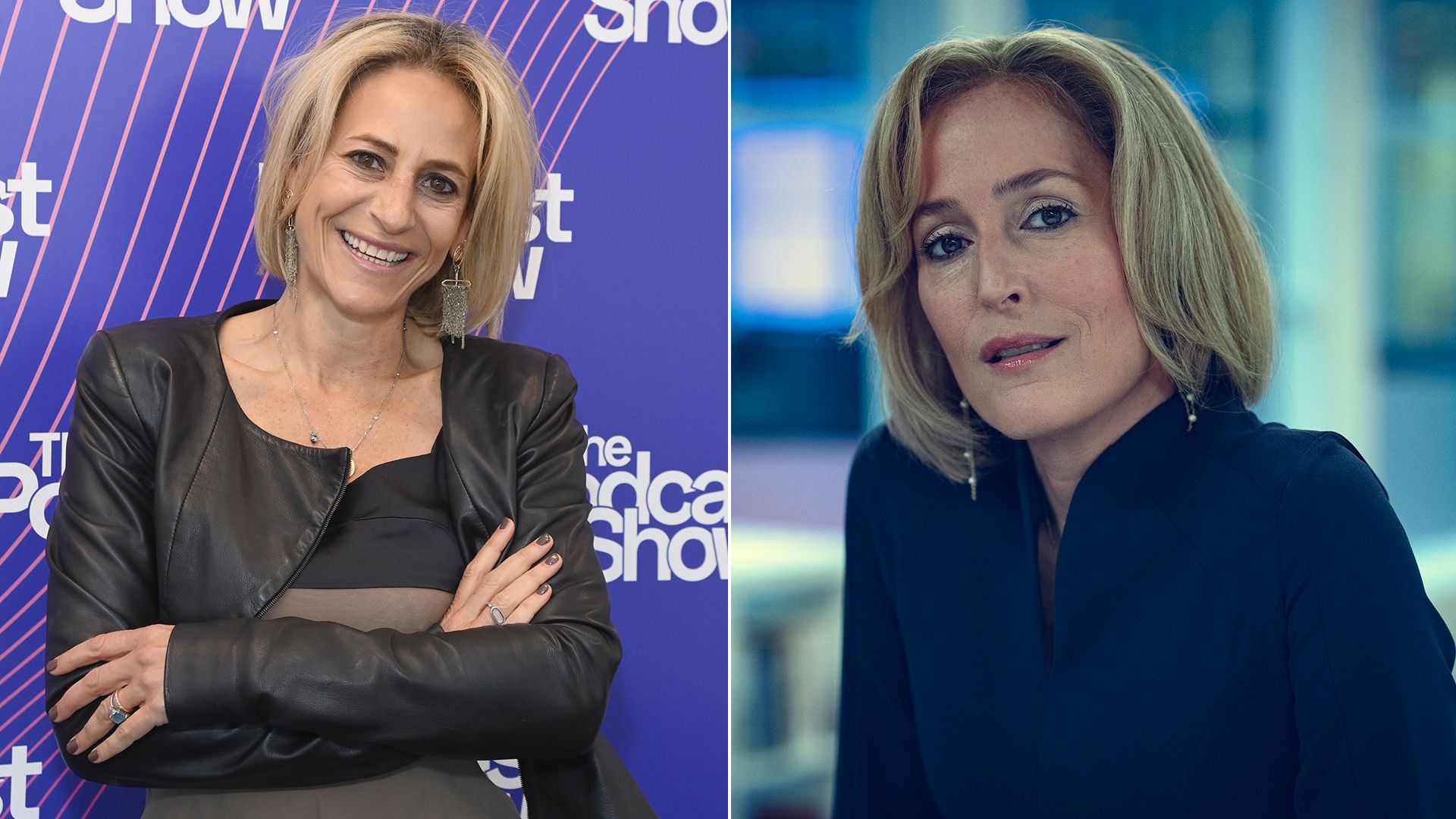Split image of Emily Maitlis and Gillian Anderson in Scoop