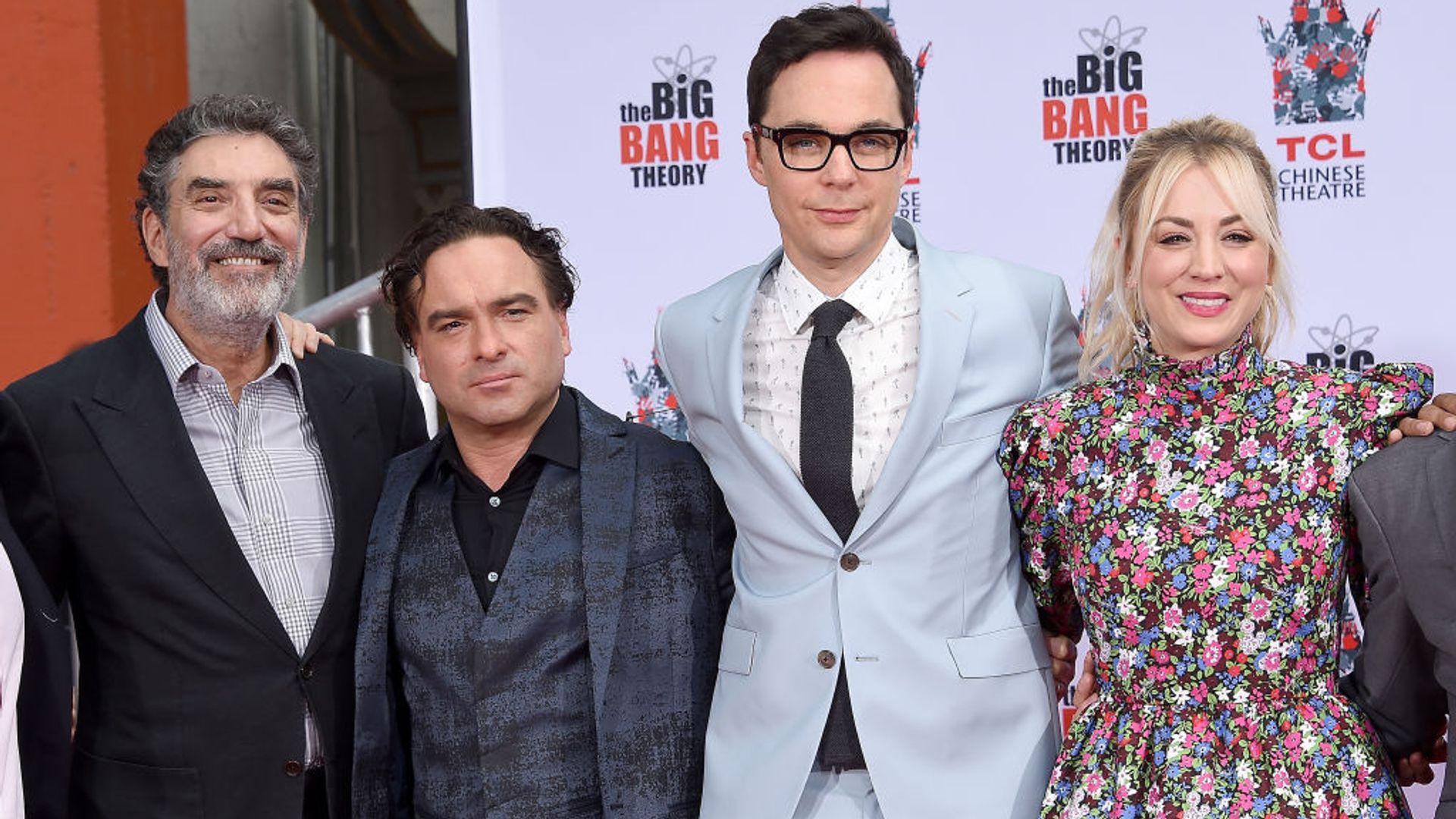 Chuck Lorre, Johnny Galecki, Jim Parsons, and Kaley Cuoco of The Cast Of "The Big Bang Theory" Place Their Handprints In The Cement At The TCL Chinese Theatre IMAX Forecourt on May 1, 2019