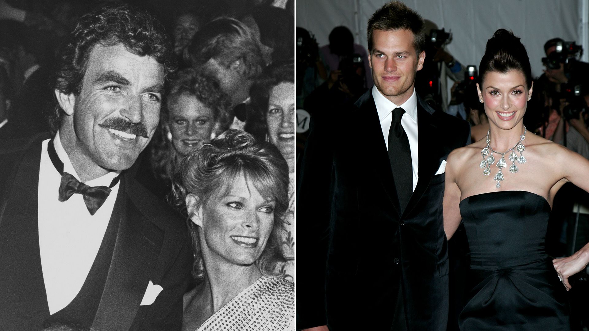 Split image of Tom Selleck and Jacqueline Ray and Bridget Moynahan and Tom Brady