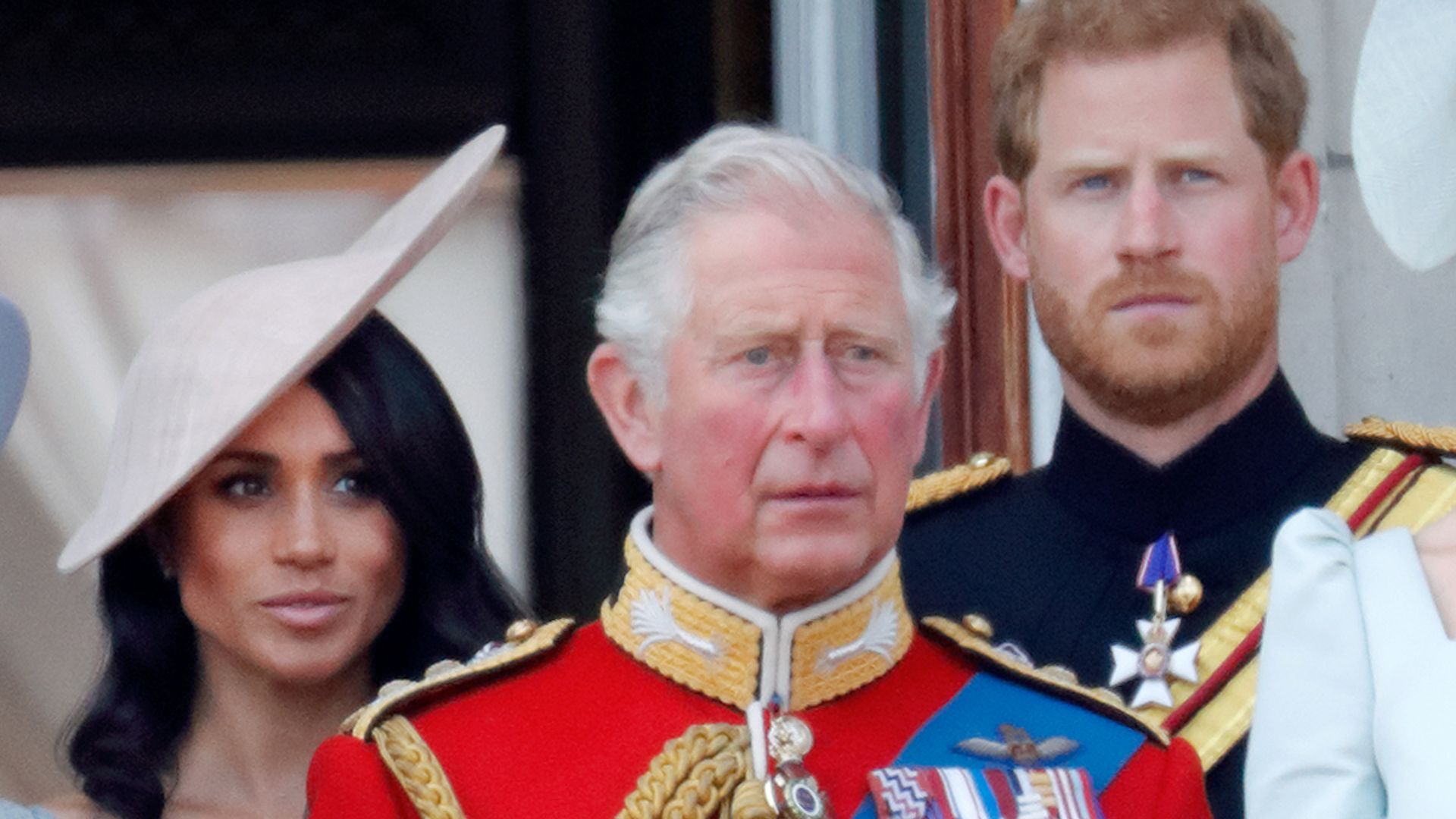Meghan Markle, King Charles and Prince Harry on the balcony of Buckingham Palace during Trooping The Colour 2018 
