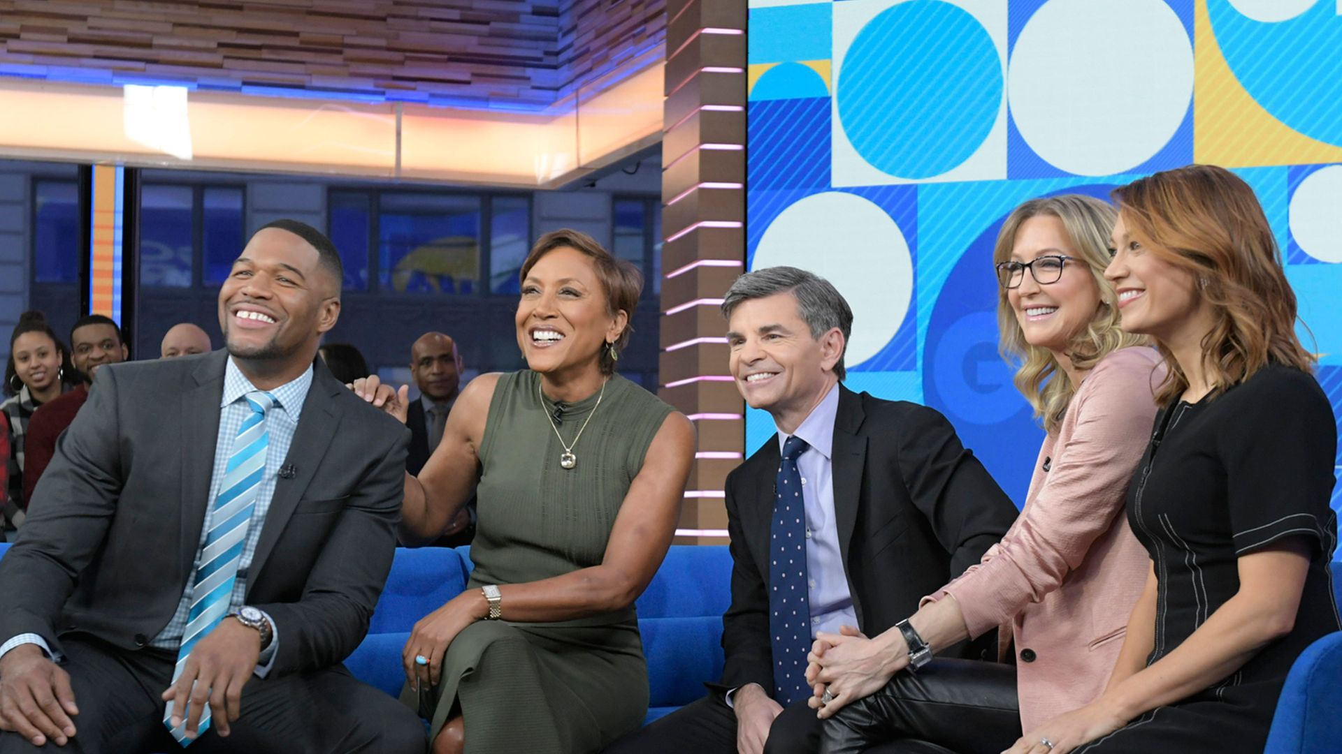 Michael Strahan, Robin Roberts, George Stephanopoulos, Lara Spencer, and Ginger Zee  on Good Morning America