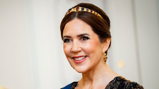 Queen Mary of Denmark smiles during a gala dinner at the Presidential Palace in Helsinki, Finland, on March 4, 2025 during a 2-day state visit of the Danish royal couple to Finland.